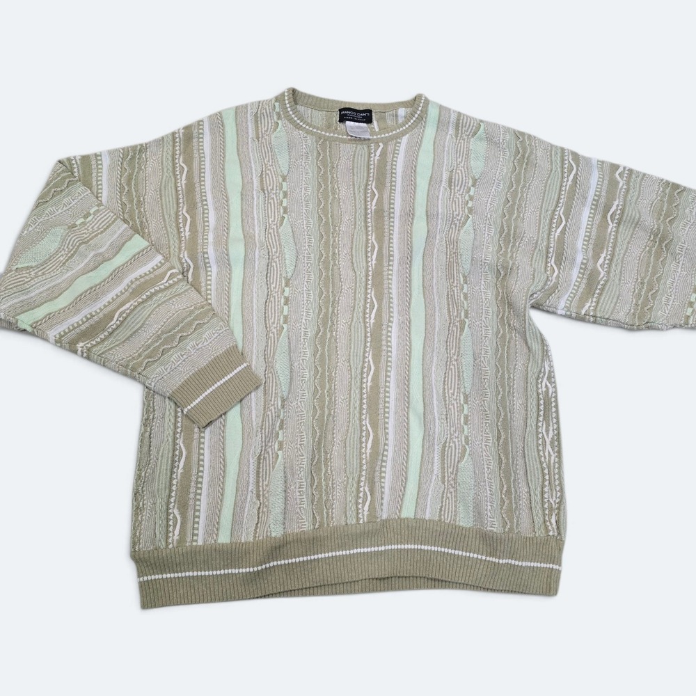 Vintage Franco Danti Collection Mens Large Green 3D Knit Stripe Sweater Italy